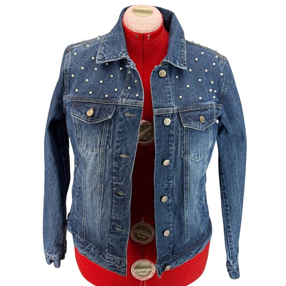 Tantrums Pearl Embellished 100% Cotton Denim Blue Jean Jacket Women Small
